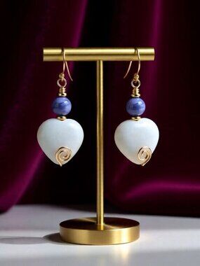 Handmade Lavender & Cream/White Stone Heart Dangle Earrings! Chunky Wire Wrapped